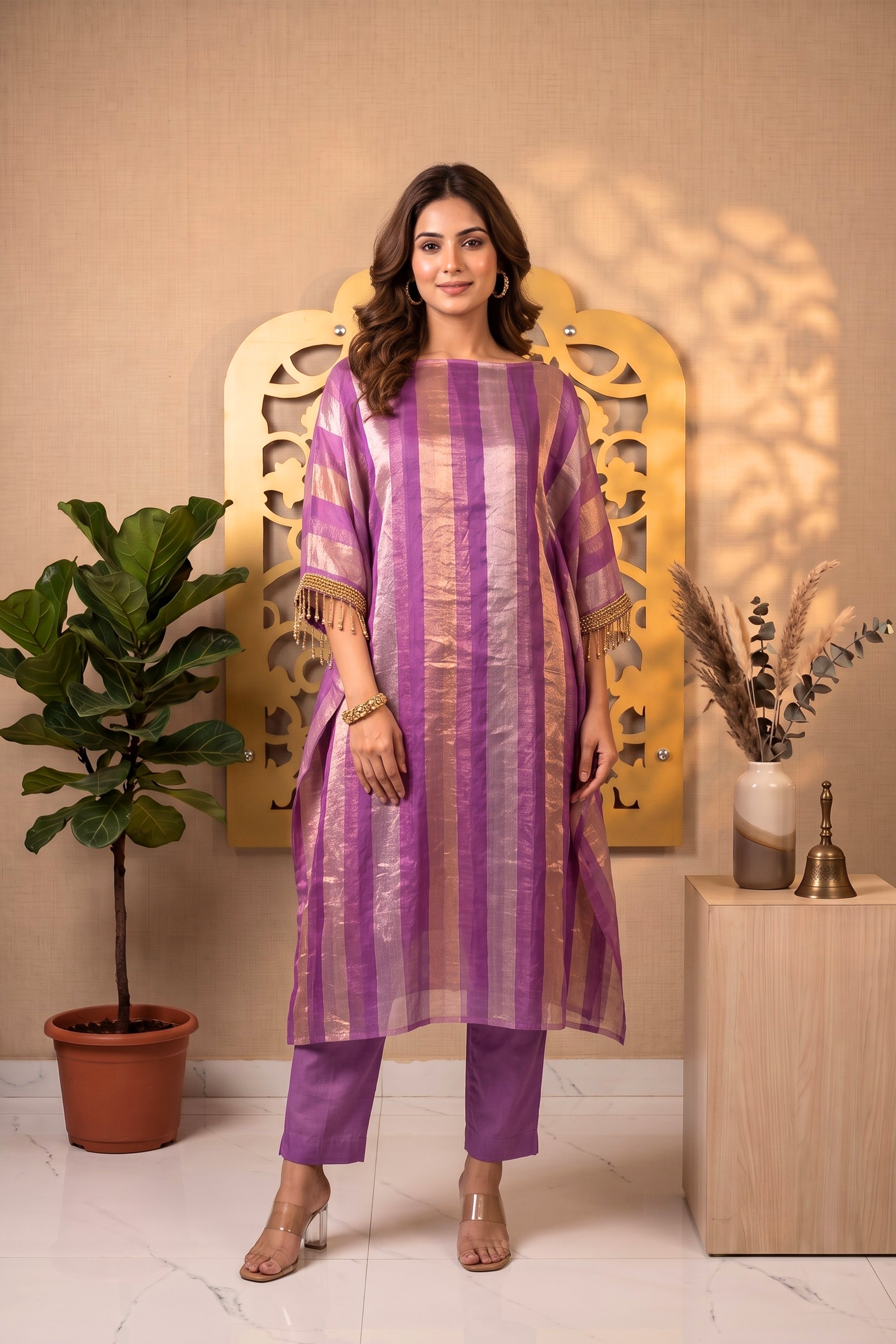 Vibrant Purple & Gold Zari Stripe Organza Unstitched Suit Material