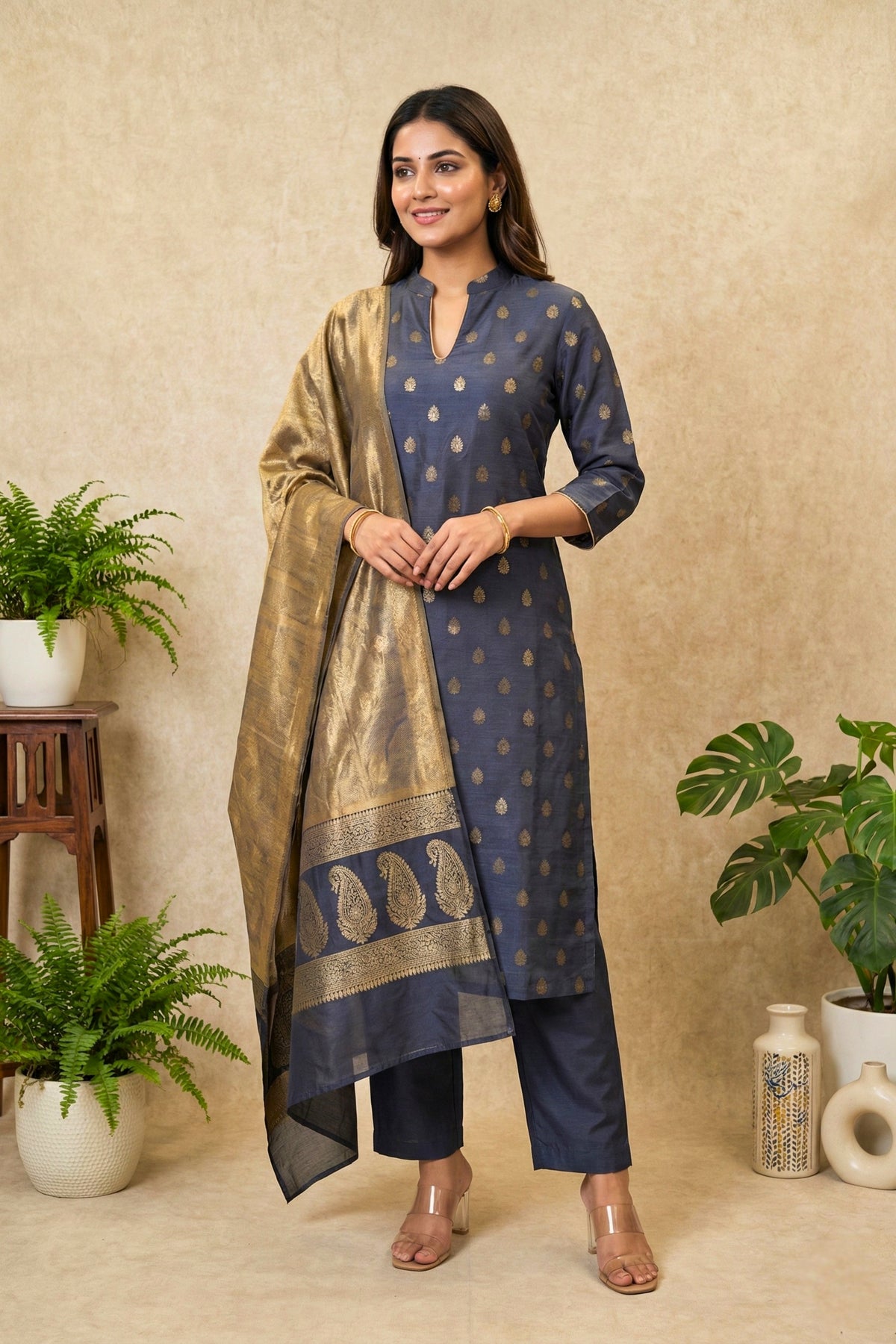 Midnight Blue Chiniya Silk Unstitched Suit Set with Golden Tissue Dupatta
