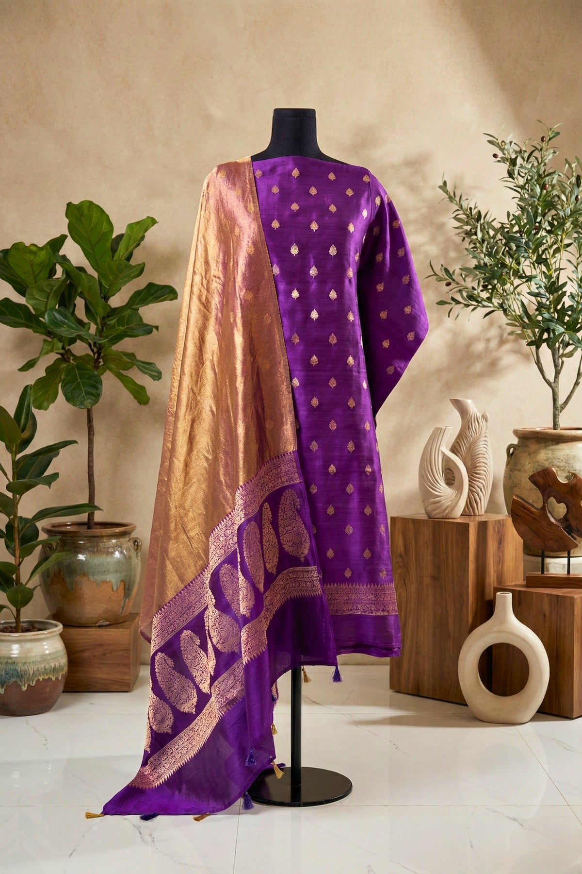 Royal Violet Chiniya Silk Unstitched Suit Set with Golden Tissue Dupatta
