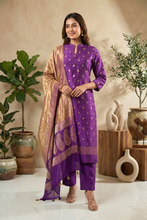 Royal Violet Chiniya Silk Unstitched Suit Set with Golden Tissue Dupatta