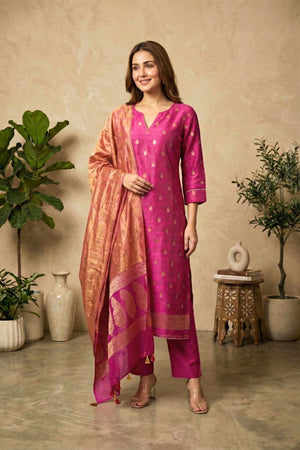 Magenta Chiniya Silk Unstitched Suit Set with Rose Gold Tissue Dupatta