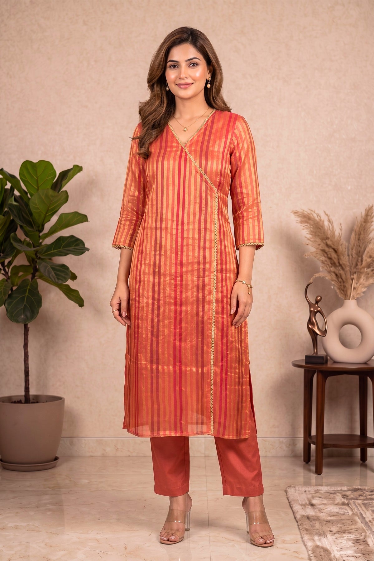 Orange & Gold Striped Organza Unstitched Suit Material by Label Tamanna