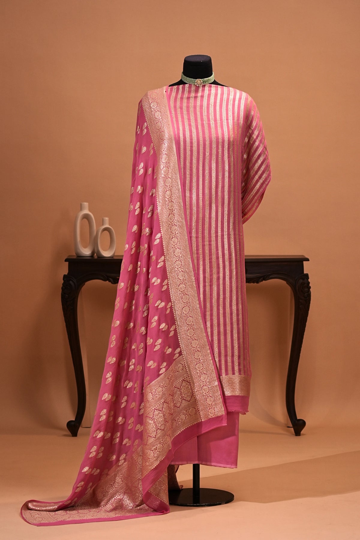 Pink Banarasi Georgette Zari Weave Unstitched Suit Set by Label Tamanna