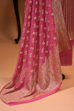 Pink Banarasi Georgette Zari Weave Unstitched Suit Set by Label Tamanna