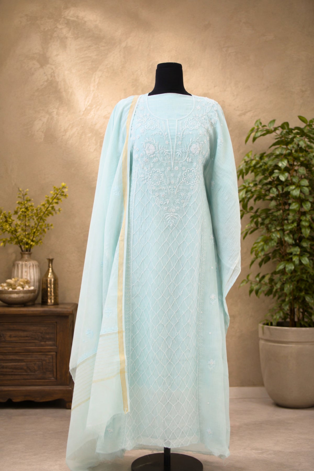 Powder Blue Chikankari Mul Chanderi Unstitched Suit Set