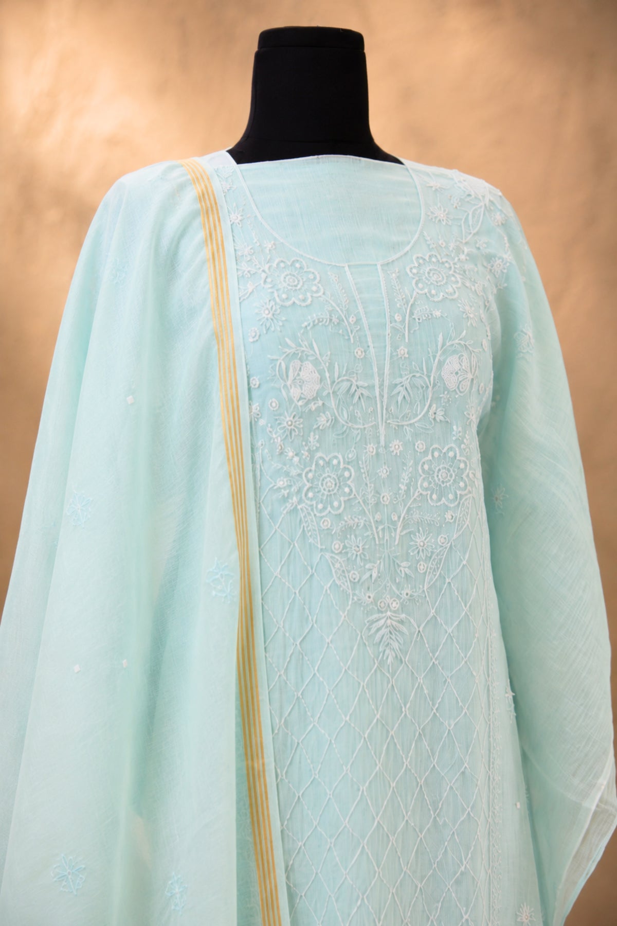 Powder Blue Chikankari Mul Chanderi Unstitched Suit Set