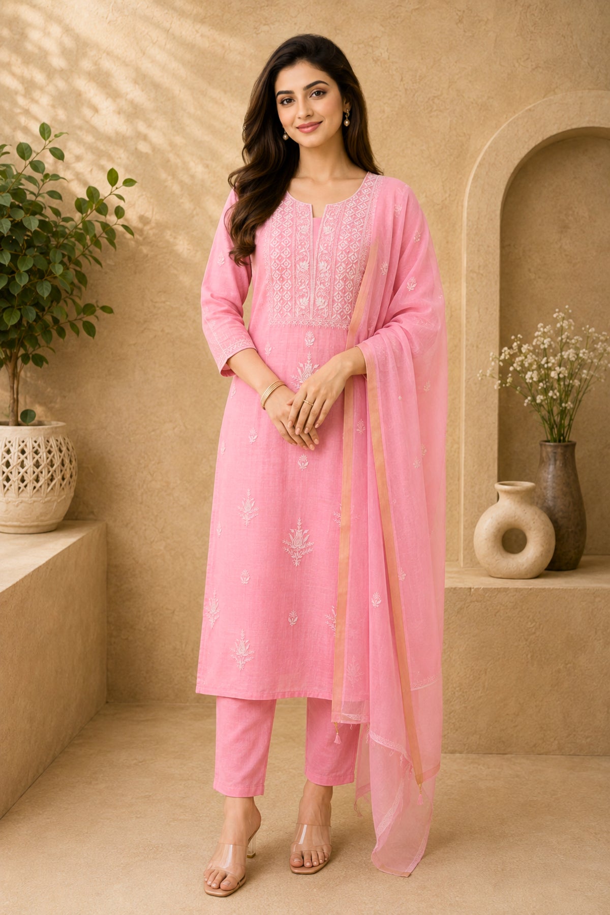 Pink Chikankari Mul Chanderi Unstitched Suit Set