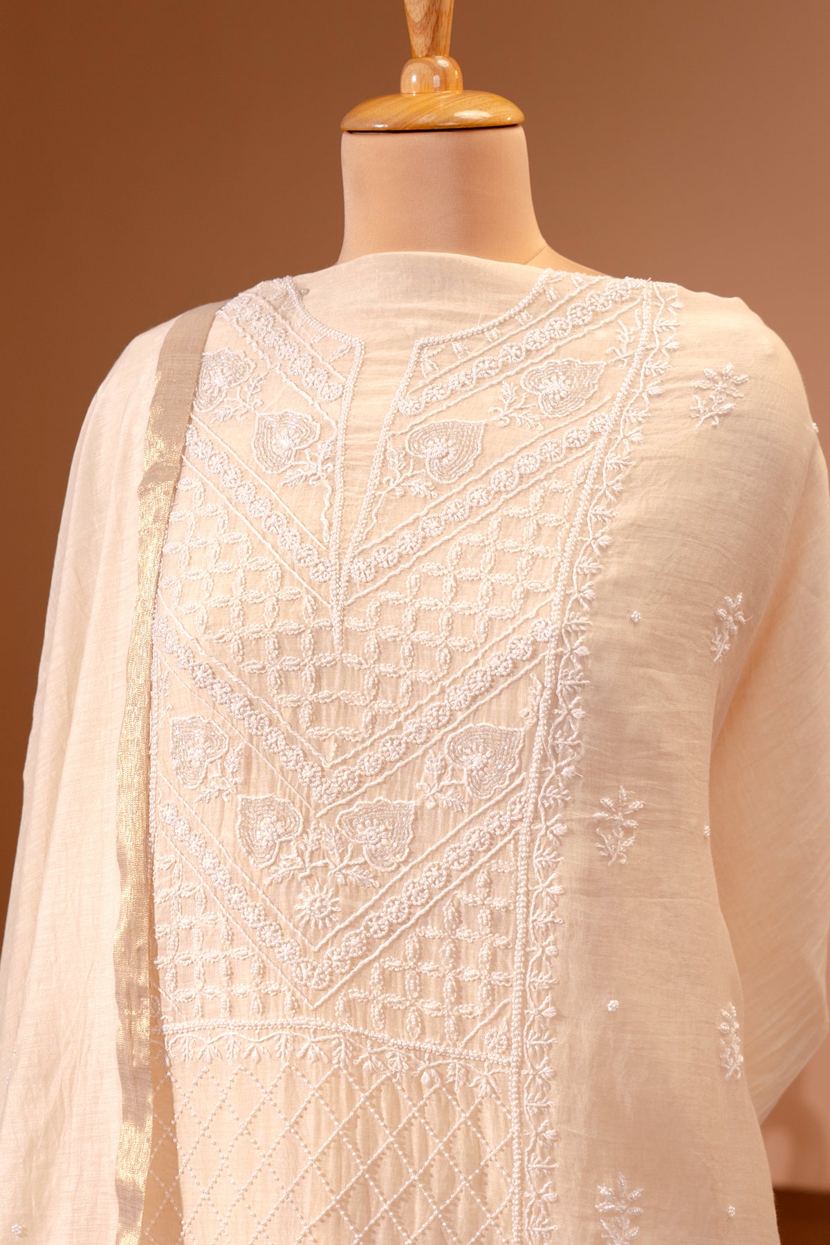 Ivory White Chikankari Mul Chanderi Unstitched Suit Set | Label Tamanna