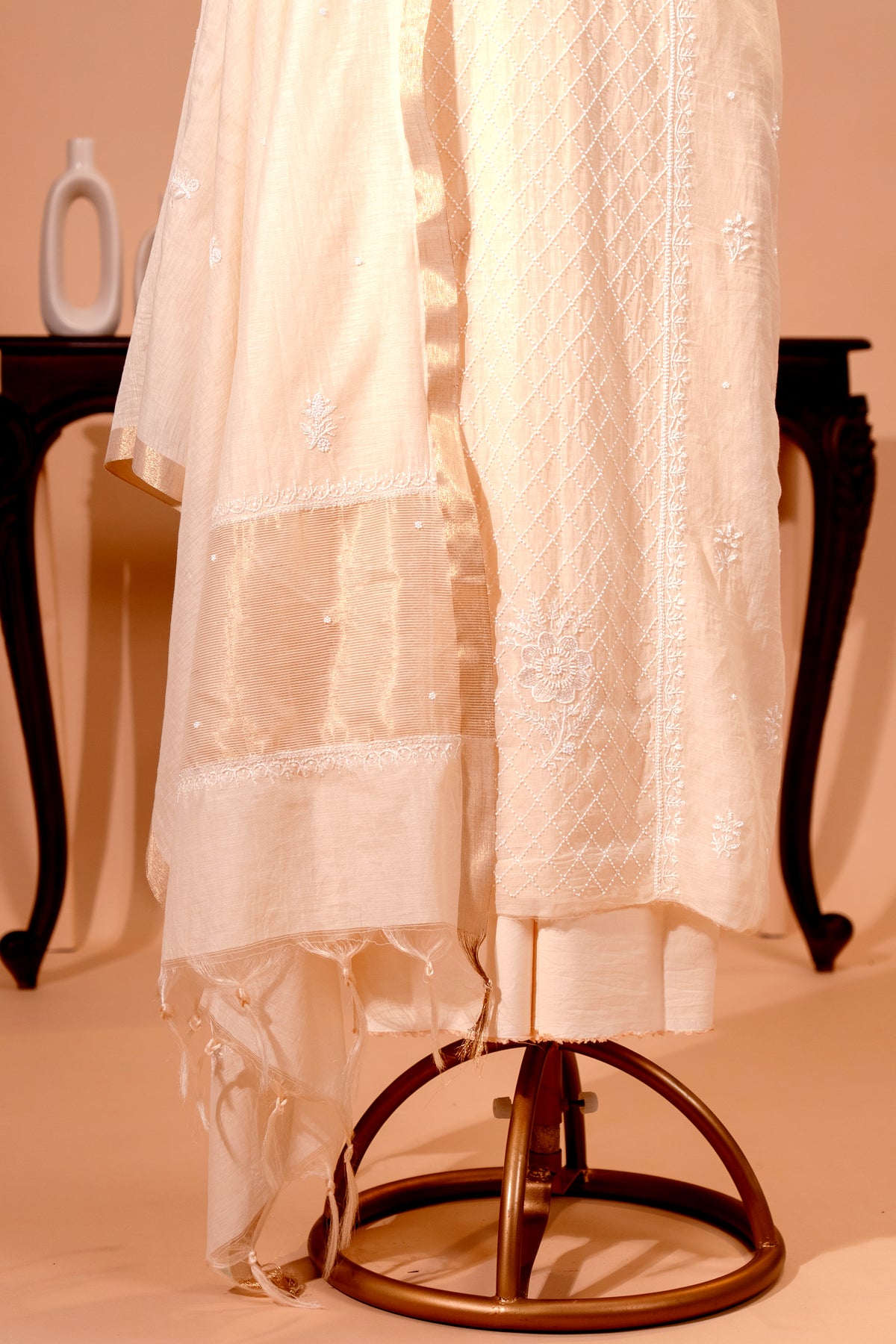 Ivory White Chikankari Mul Chanderi Unstitched Suit Set | Label Tamanna