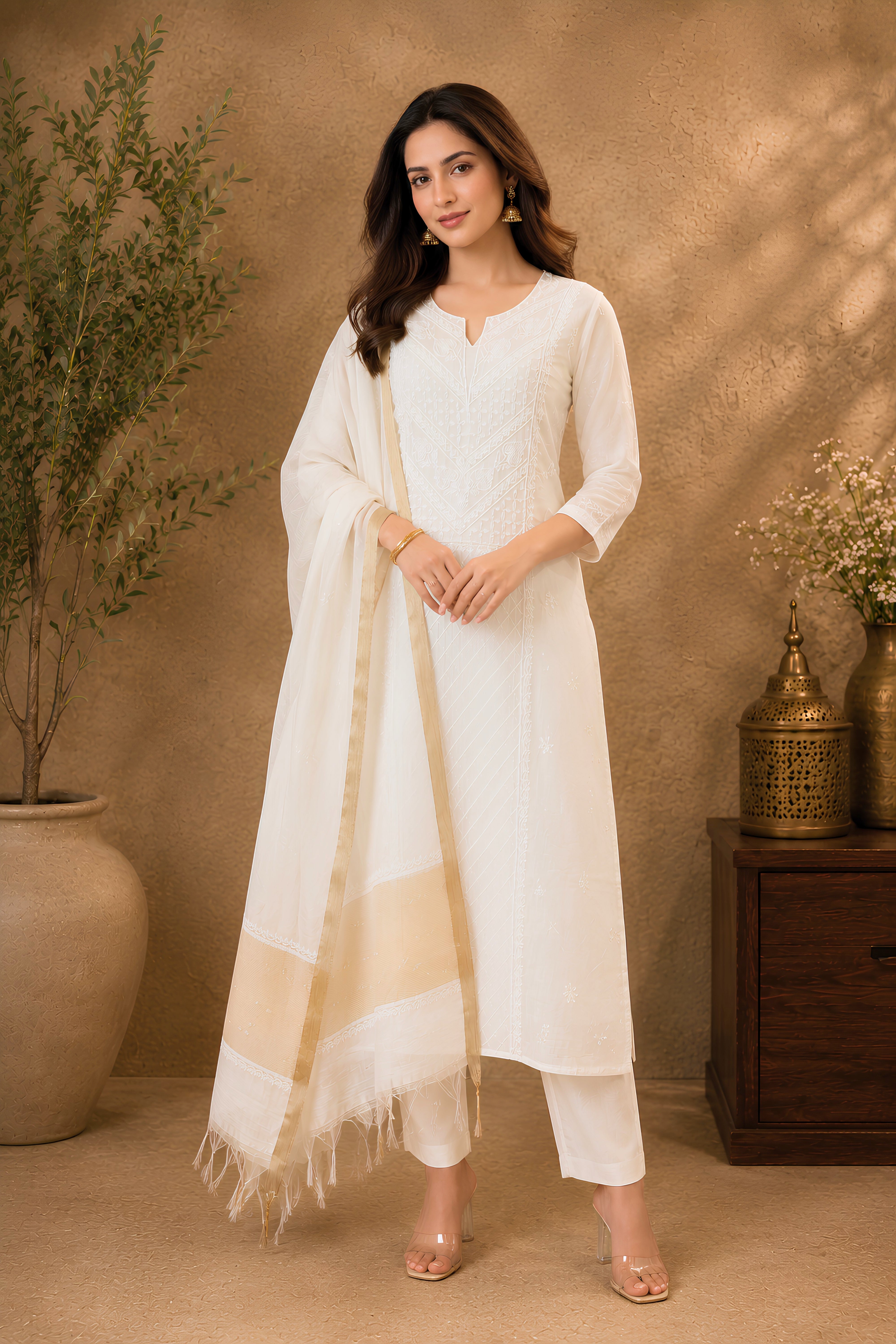 Premium Dyeable Chikankari Mul Chanderi Unstitched Suit Set with Zari Border
