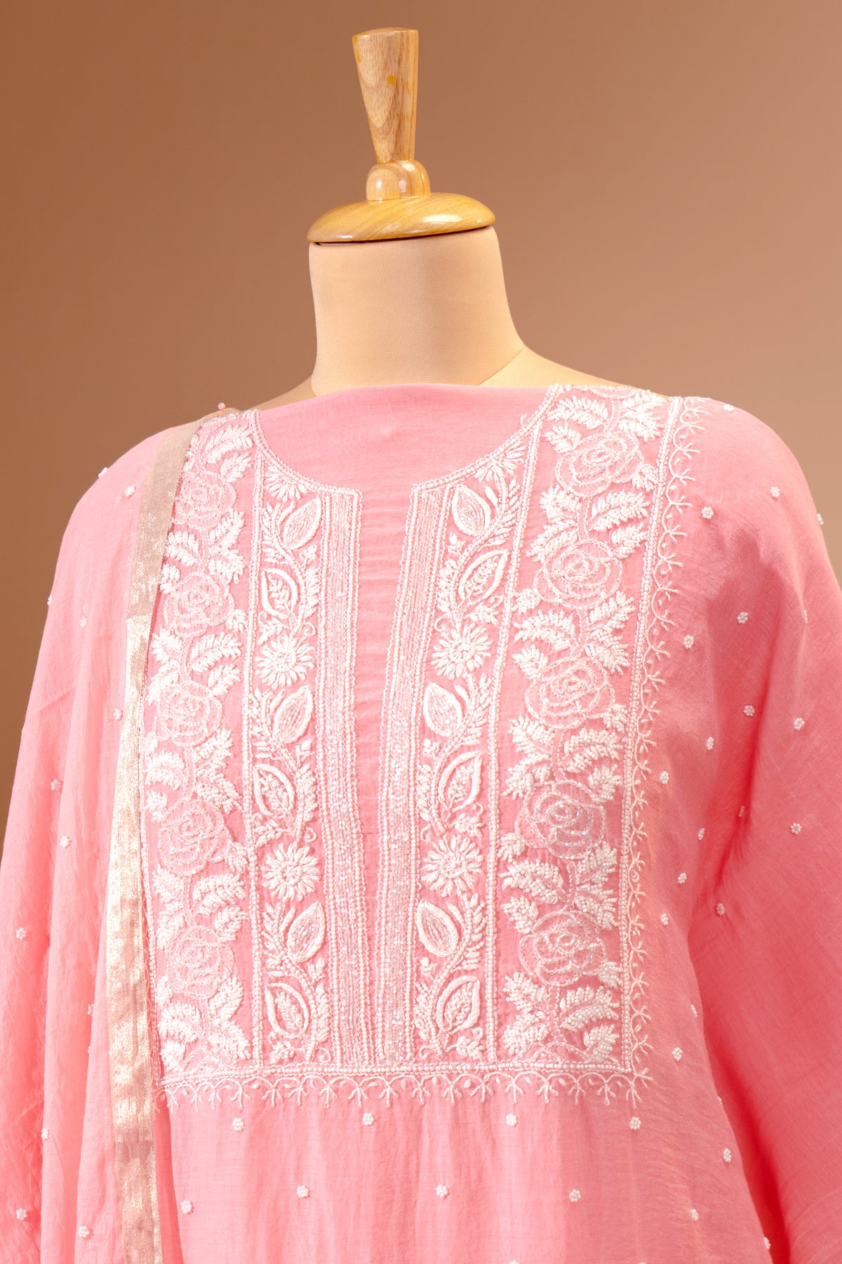 Pastel Pink Chikankari Mul Chanderi Unstitched Suit Set | Label Tamanna