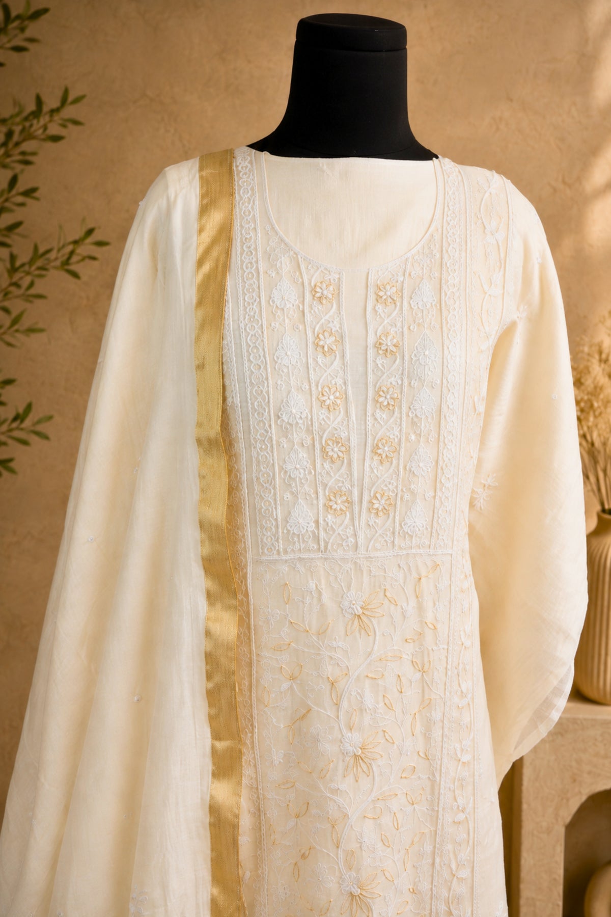 Dyeable Chikankari Mul Chanderi Unstitched Suit Set by Label Tamanna