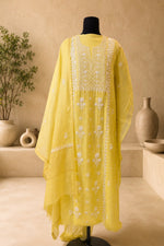 Lemon Yellow Chikankari Mul Chanderi Unstitched Suit Set