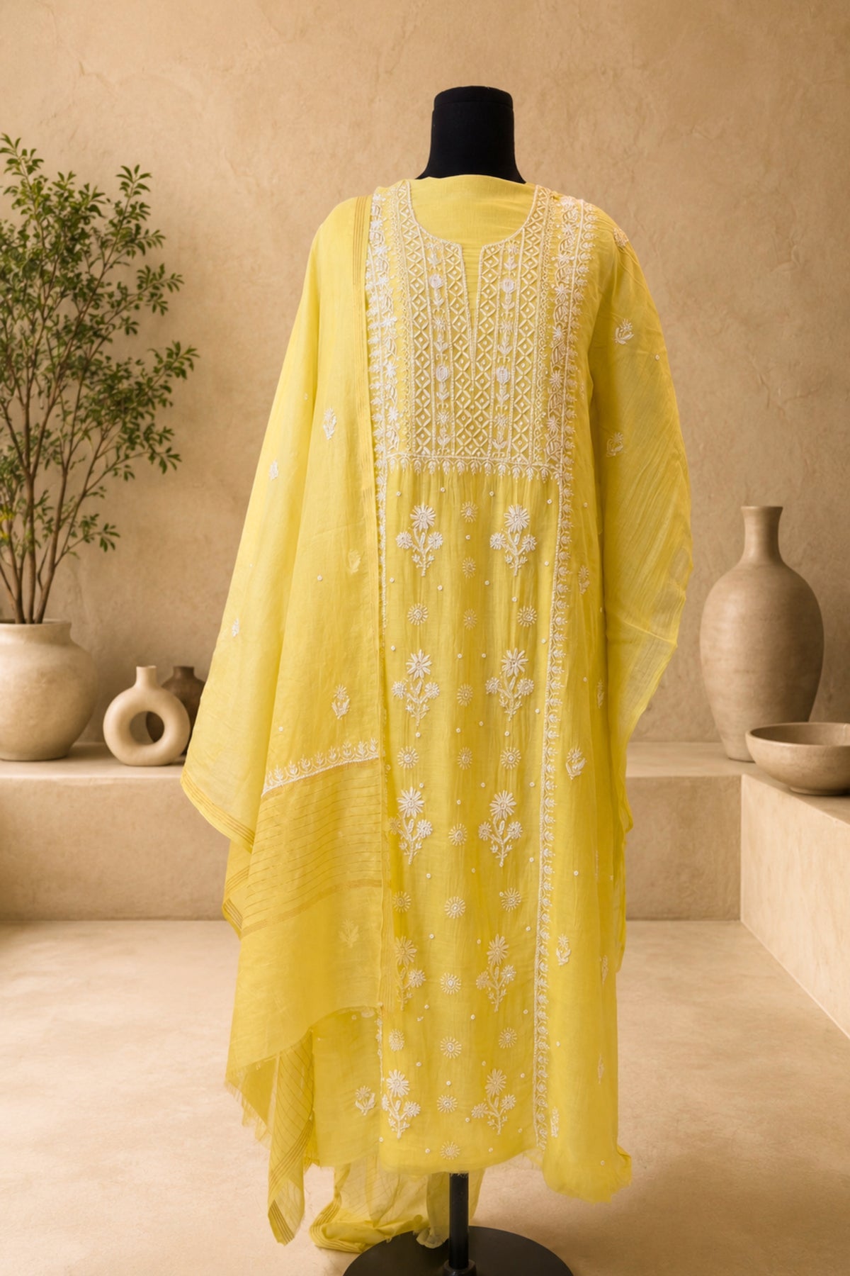 Lemon Yellow Chikankari Mul Chanderi Unstitched Suit Set