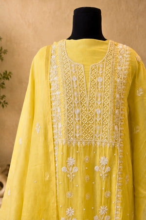 Lemon Yellow Chikankari Mul Chanderi Unstitched Suit Set