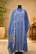 Denim Blue Chikankari Mul Chanderi Unstitched Suit Set
