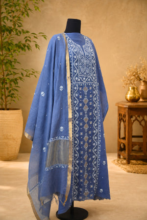 Denim Blue Chikankari Mul Chanderi Unstitched Suit Set