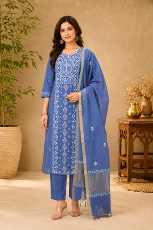 Denim Blue Chikankari Mul Chanderi Unstitched Suit Set