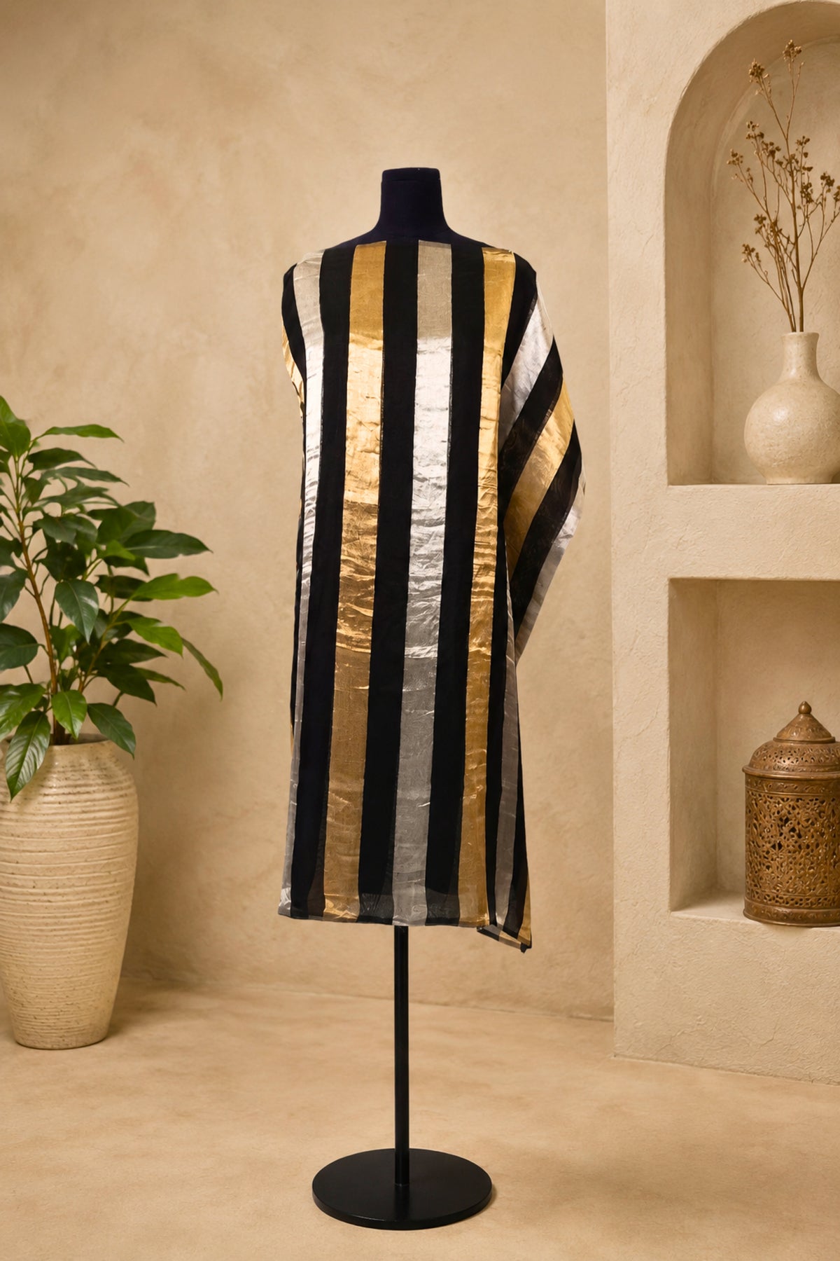 Black & Metallic Striped Organza Unstitched Suit Material by Label Tamanna