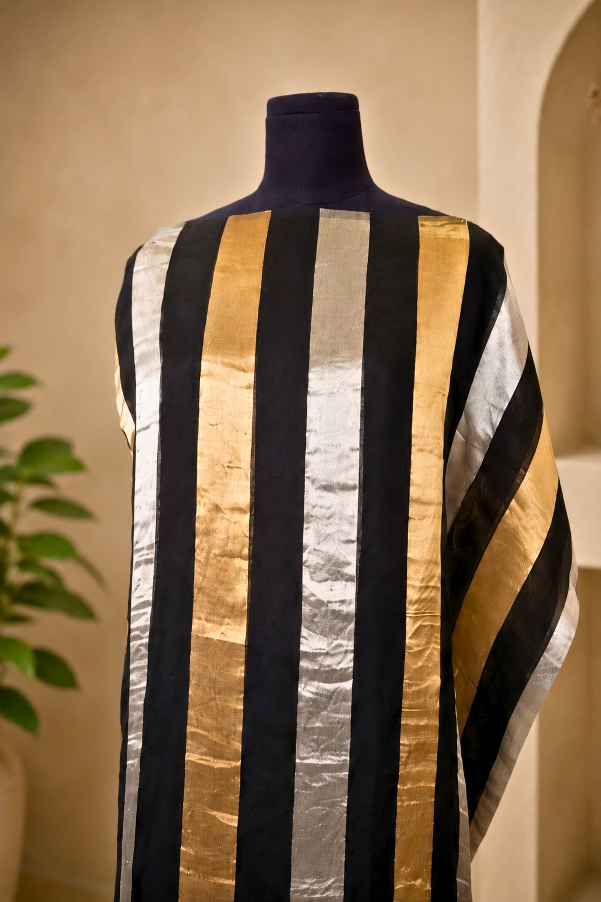 Black & Metallic Striped Organza Unstitched Suit Material by Label Tamanna