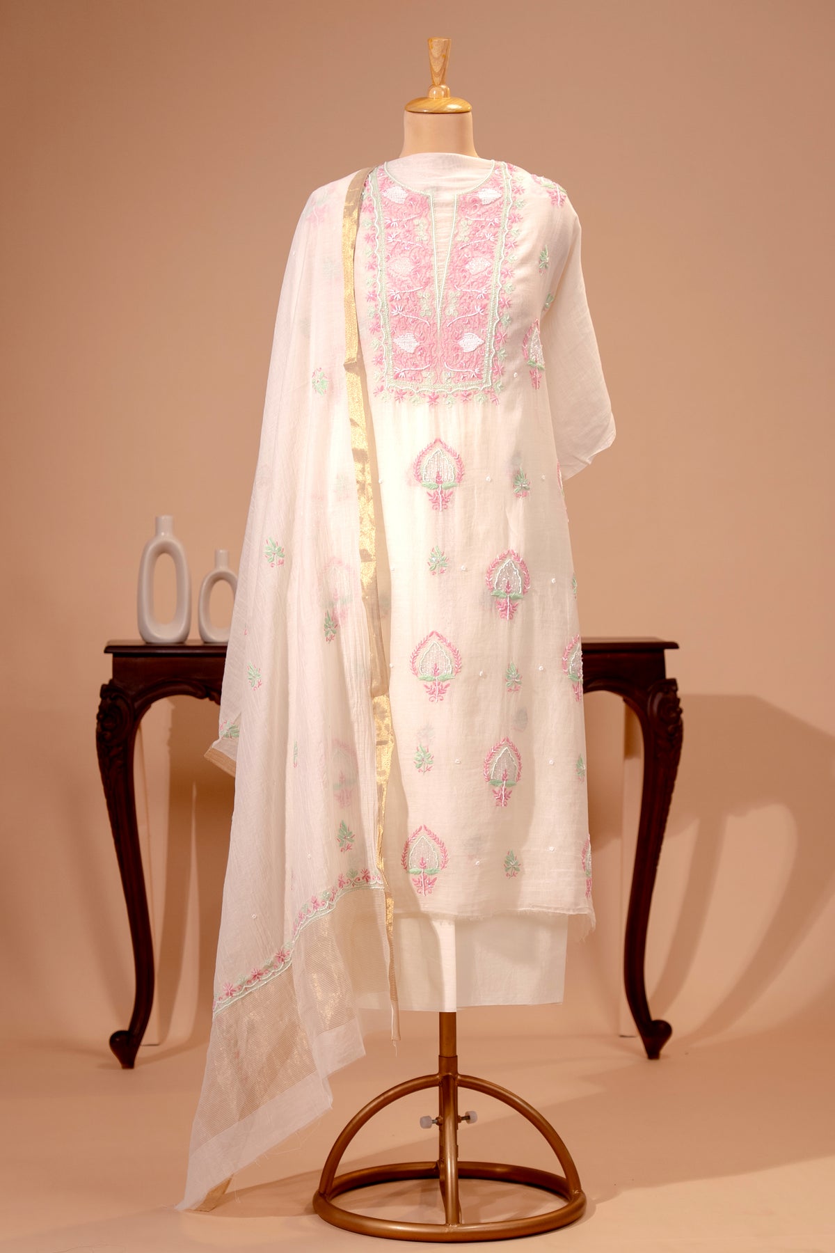 Ivory Pastel Embroidered Mul Chikankari Unstitched Suit Set by Label Tamanna