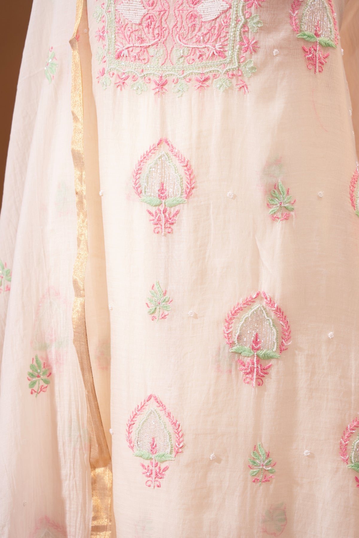 Ivory Pastel Embroidered Mul Chikankari Unstitched Suit Set by Label Tamanna