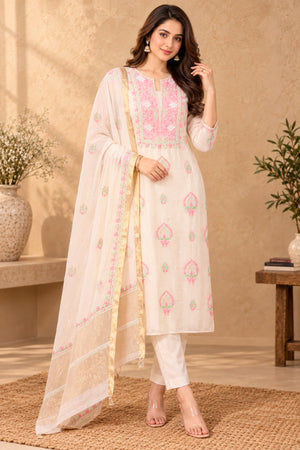 Ivory Pastel Embroidered Mul Chikankari Unstitched Suit Set by Label Tamanna