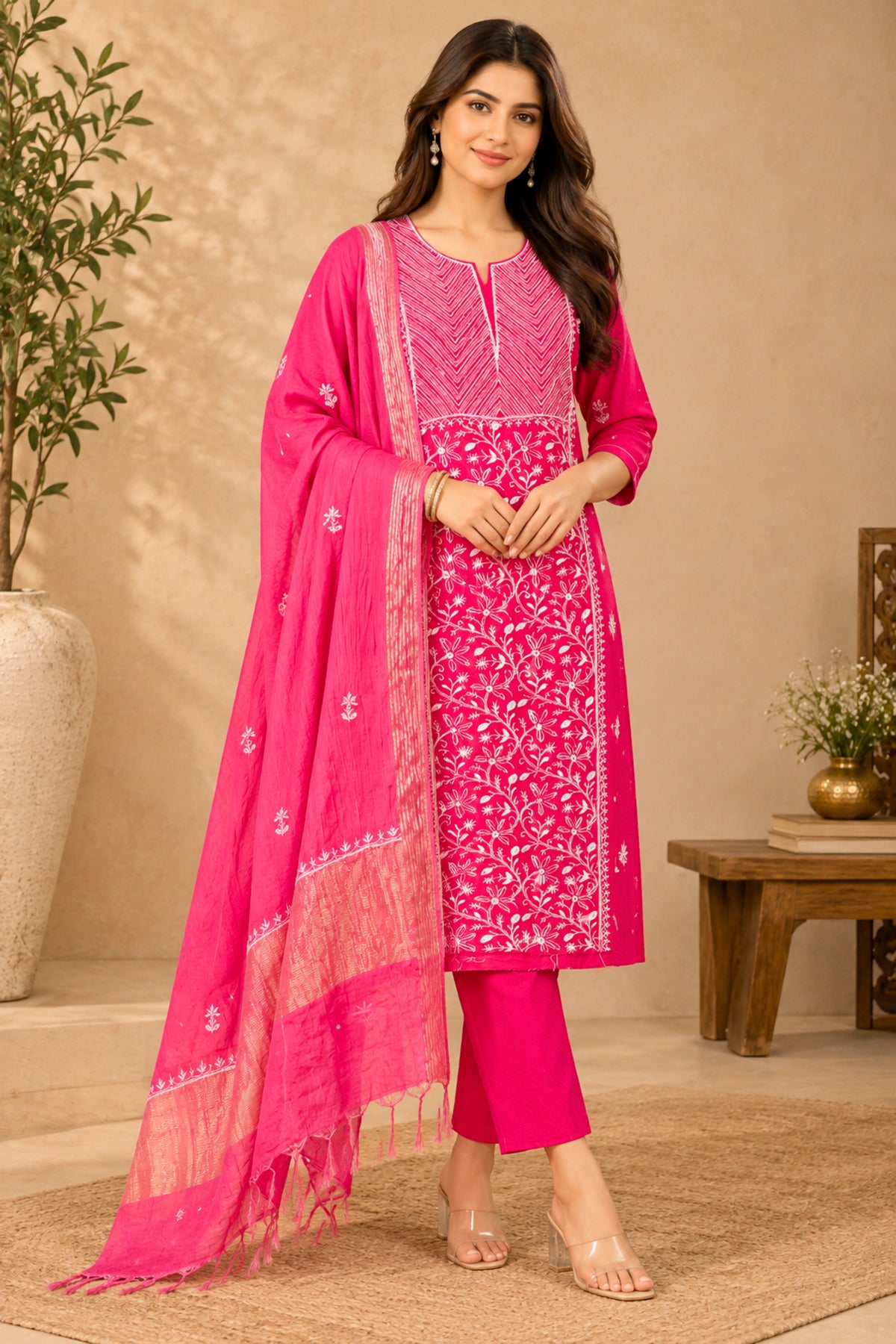 Rani Pink Chanderi Silk Chikankari Unstitched Suit Set by Label Tamanna