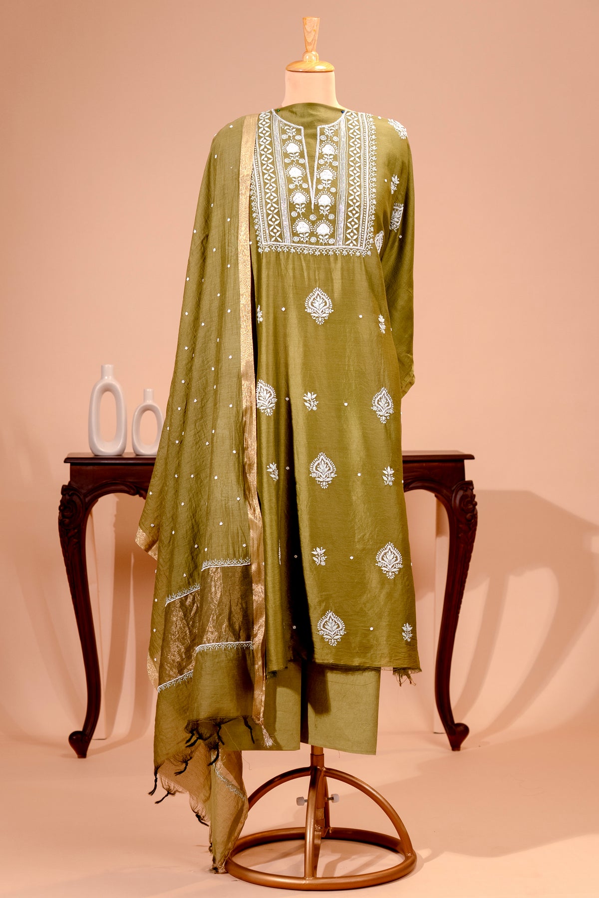 Mehendi Green Chanderi Silk Chikankari Unstitched Suit Set by Label Tamanna