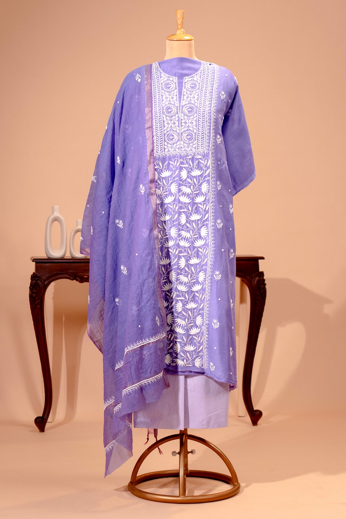 Lavender Chanderi Silk Chikankari Unstitched Suit Set by Label Tamanna