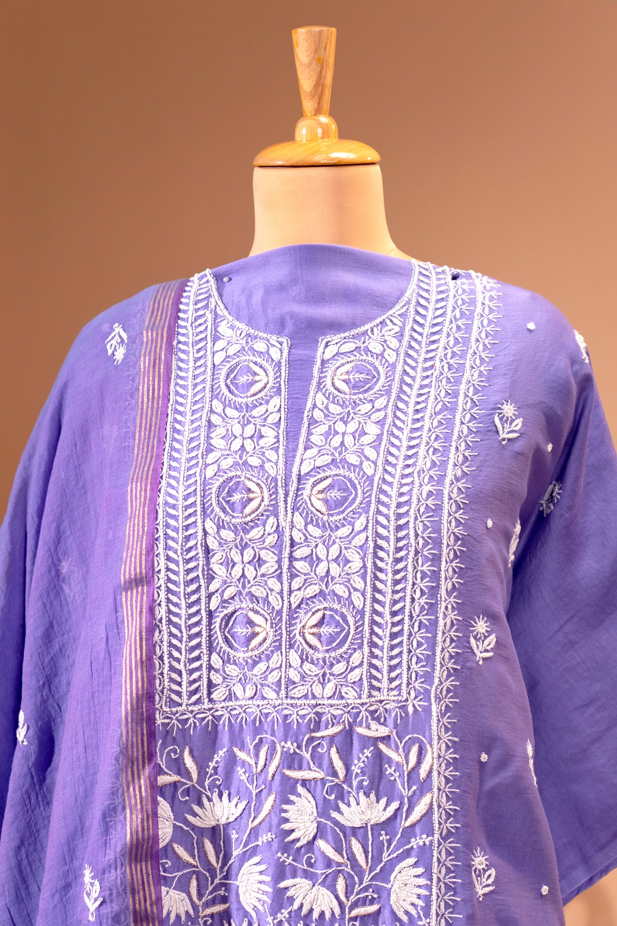 Lavender Chanderi Silk Chikankari Unstitched Suit Set by Label Tamanna