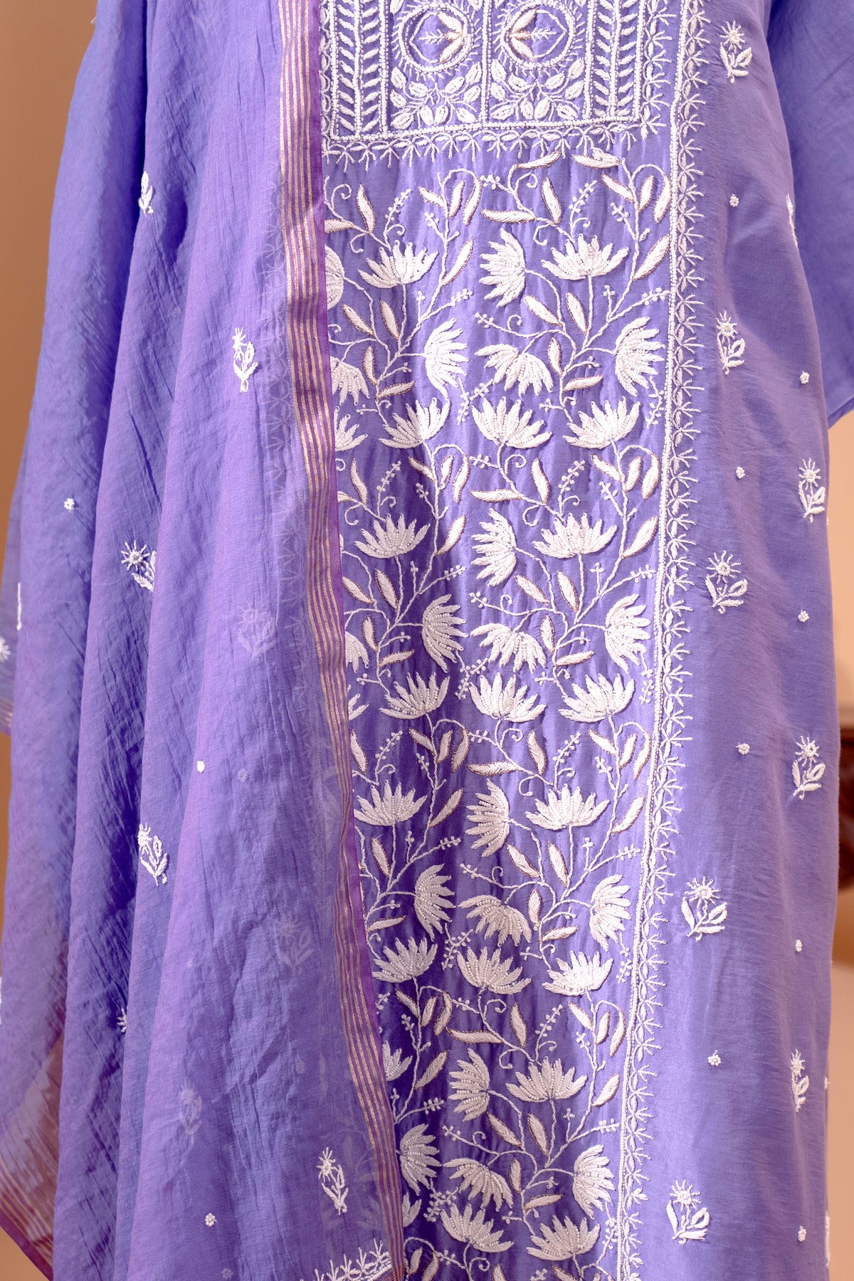 Lavender Chanderi Silk Chikankari Unstitched Suit Set by Label Tamanna
