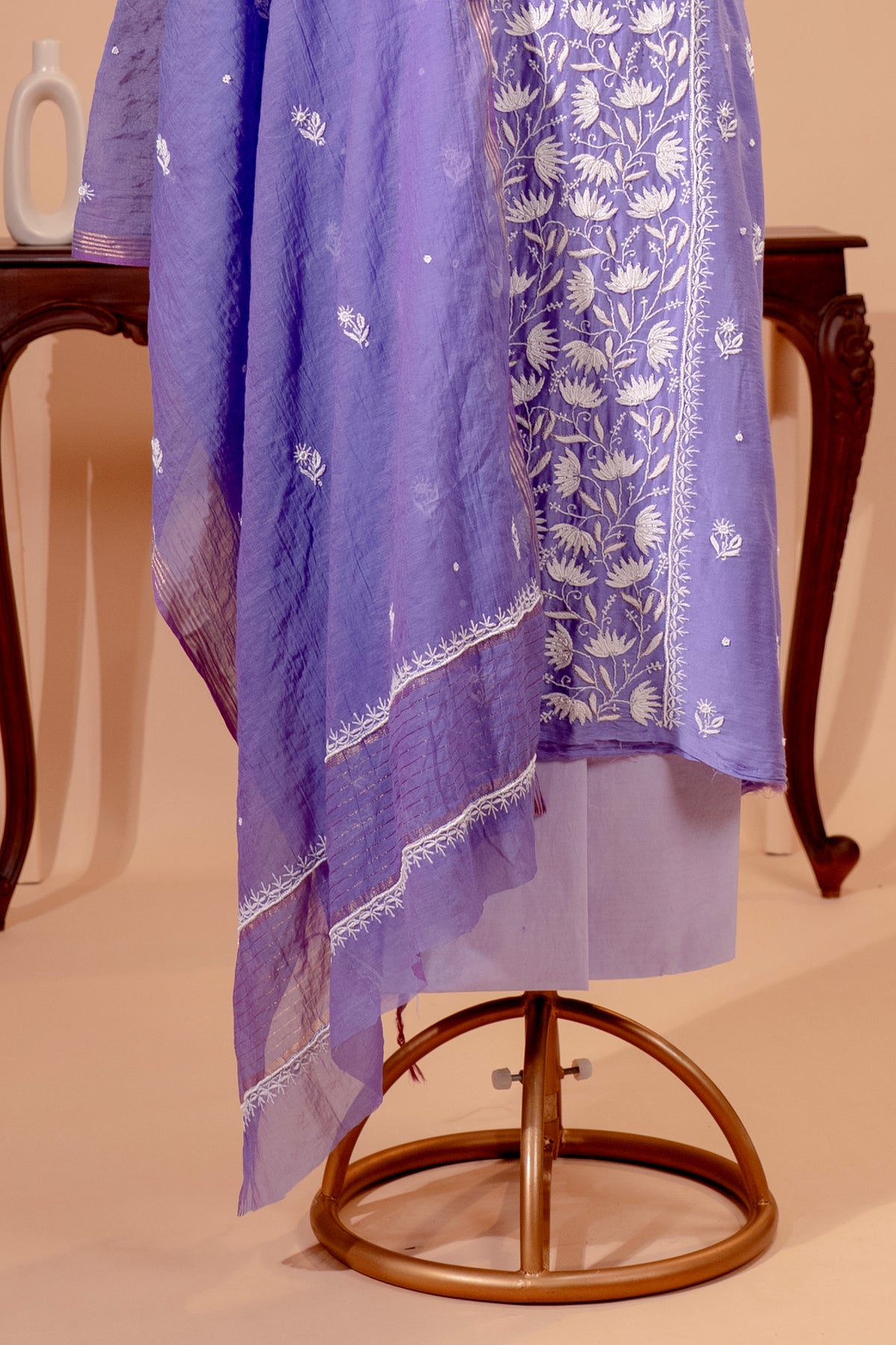 Lavender Chanderi Silk Chikankari Unstitched Suit Set by Label Tamanna