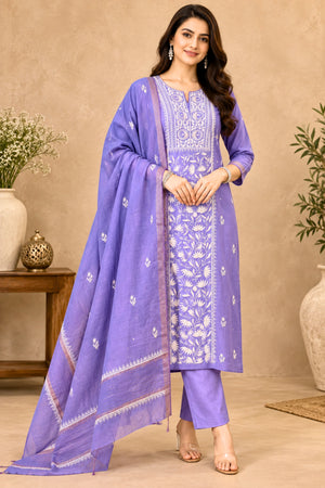 Lavender Chanderi Silk Chikankari Unstitched Suit Set by Label Tamanna