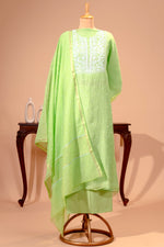 Lime Green Pure Mul Chikankari Unstitched Suit Set by Label Tamanna