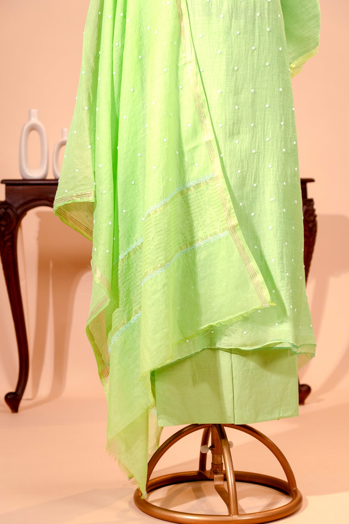 Lime Green Pure Mul Chikankari Unstitched Suit Set by Label Tamanna