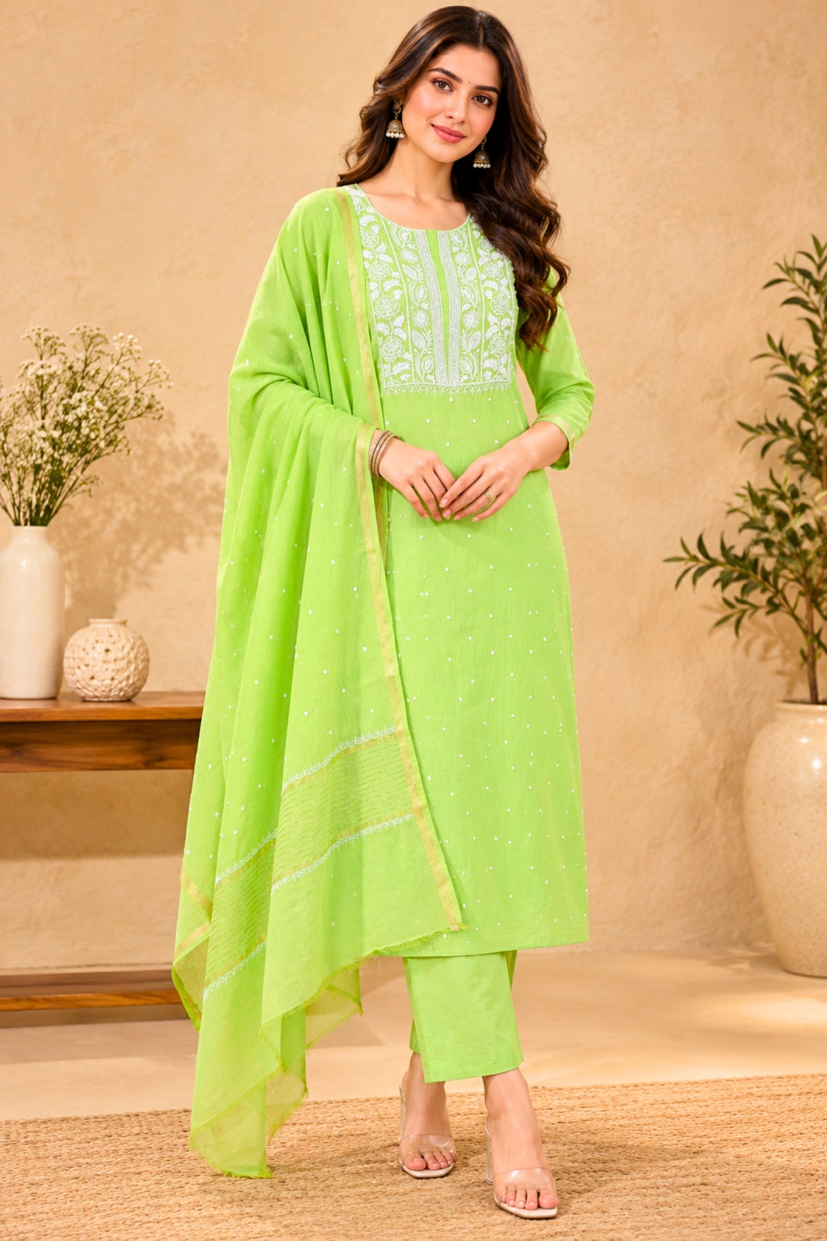Lime Green Pure Mul Chikankari Unstitched Suit Set by Label Tamanna