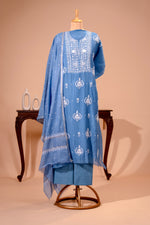 Dusty Blue Pure Mul Chikankari Unstitched Suit Set by Label Tamanna