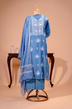 Dusty Blue Pure Mul Chikankari Unstitched Suit Set by Label Tamanna