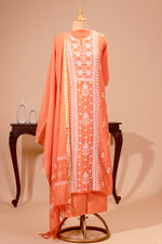 Coral Peach Pure Mul Chikankari Unstitched Suit Set by Label Tamanna
