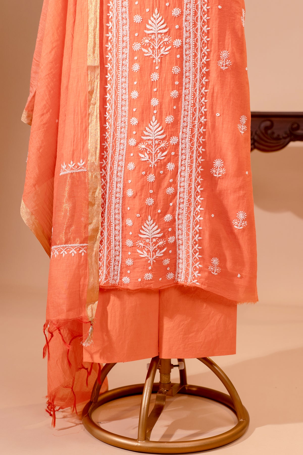 Coral Peach Pure Mul Chikankari Unstitched Suit Set by Label Tamanna
