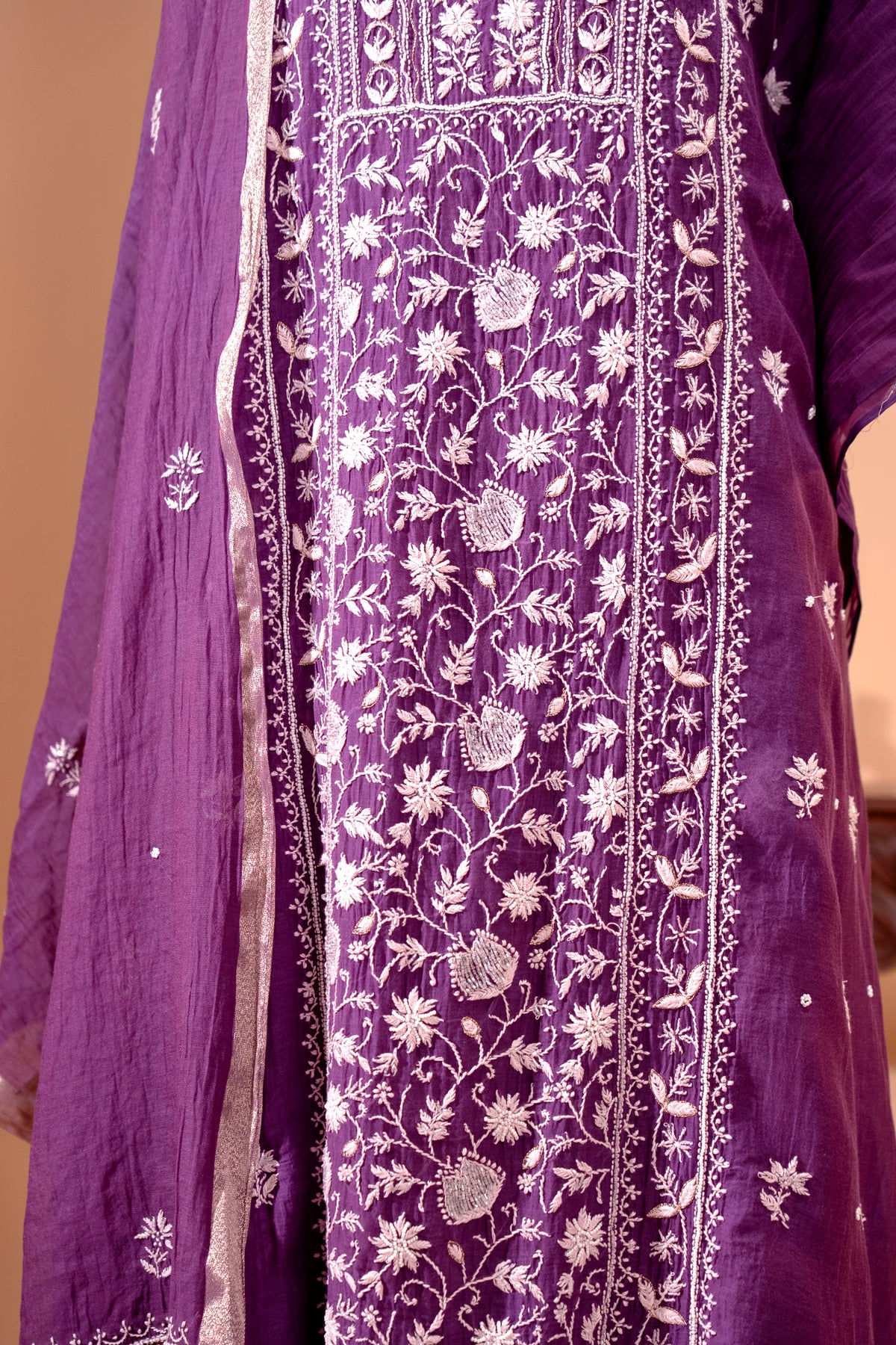 Deep Purple Pure Mul Chikankari Unstitched Suit Set by Label Tamanna