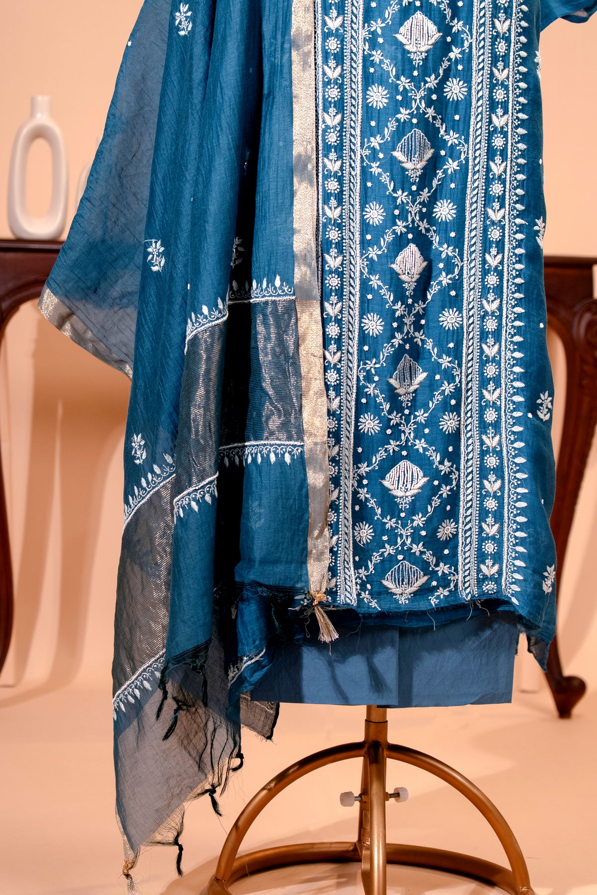 Teal Blue Pure Mul Chikankari Unstitched Suit Set by Label Tamanna