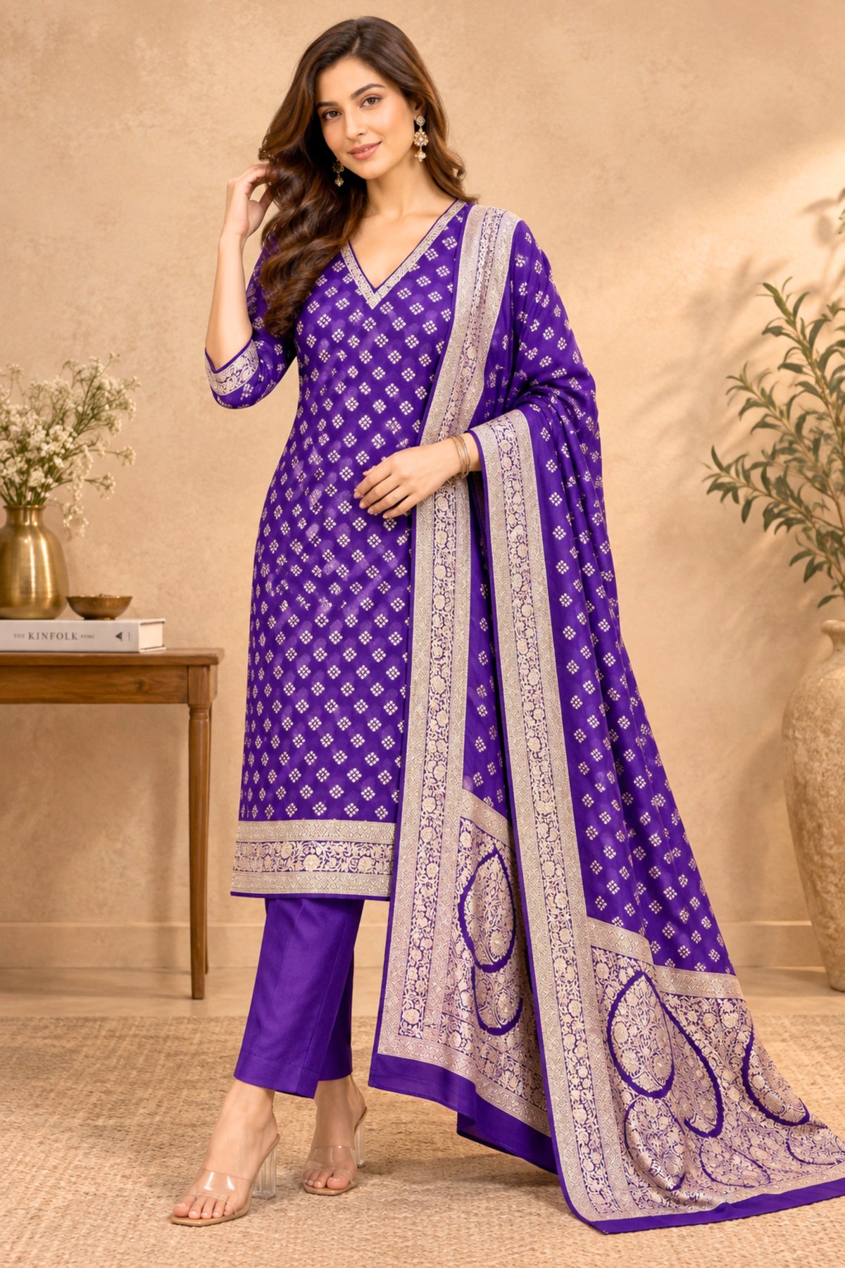 Royal Purple Pure Banarasi Georgette Unstitched Suit Set by Label Tamanna