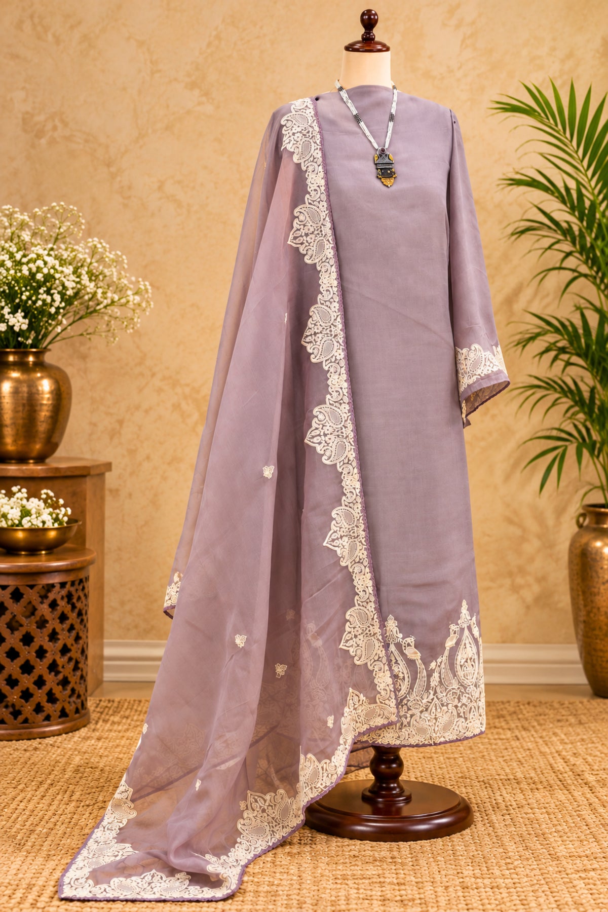Ethereal Lavender Organza Unstitched Suit Set with Intricate Resham Threadwork