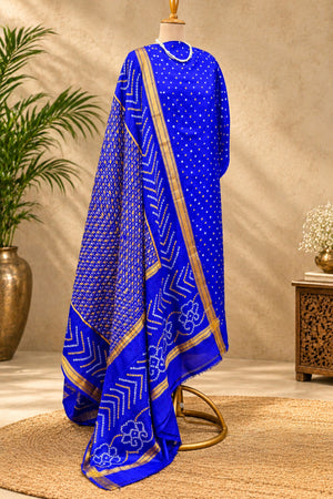Royal Blue Handcrafted Bandhani & Golden Zari Pure Silk Unstitched Suit Set