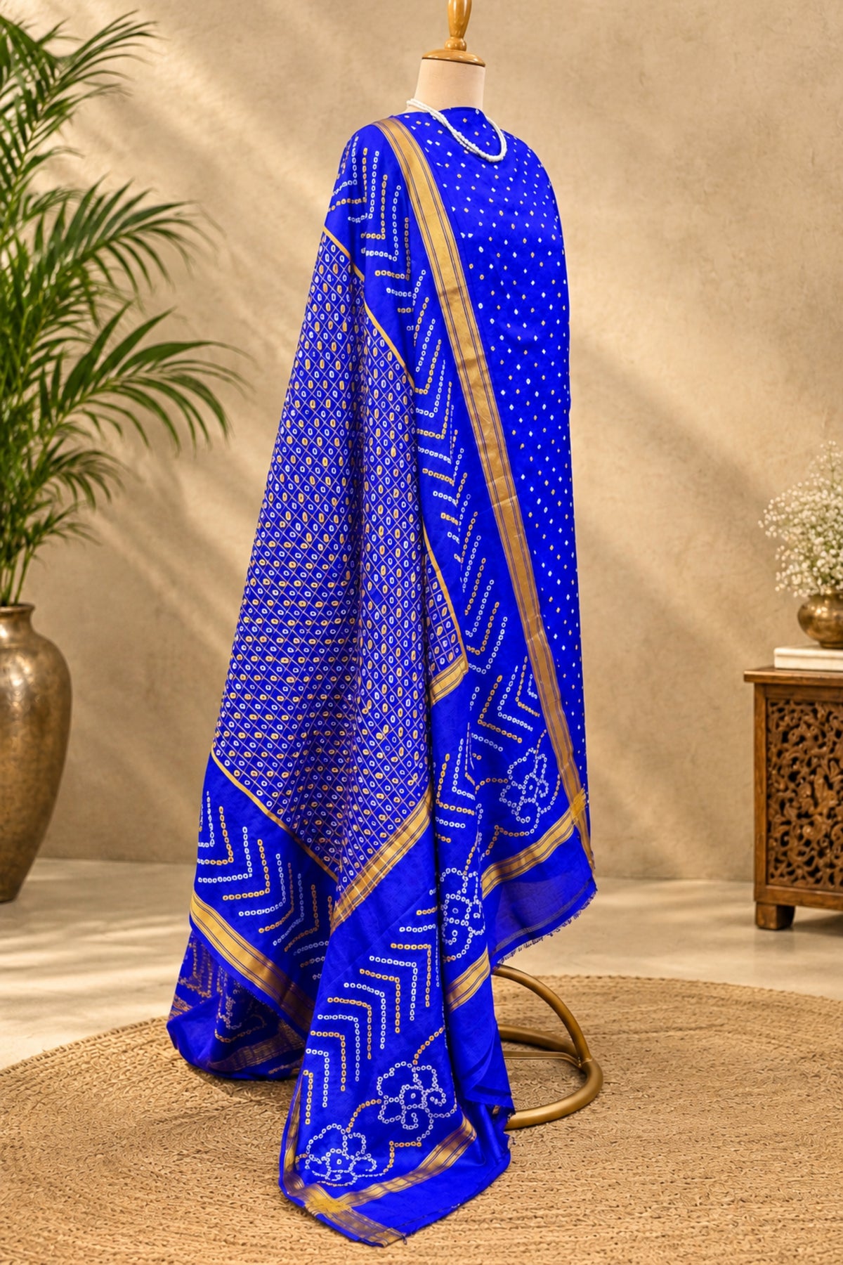 Royal Blue Handcrafted Bandhani & Golden Zari Pure Silk Unstitched Suit Set