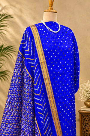 Royal Blue Handcrafted Bandhani & Golden Zari Pure Silk Unstitched Suit Set