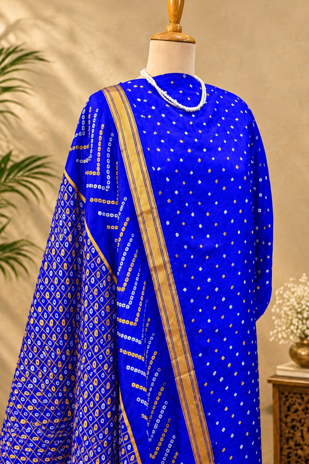 Royal Blue Handcrafted Bandhani & Golden Zari Pure Silk Unstitched Suit Set