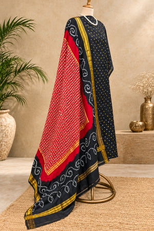Classic Black & Crimson Red Handcrafted Bandhani Pure Silk Unstitched Suit Set with Golden Zari Dupatta